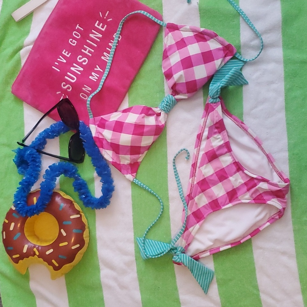 Vintage Xhilaration plaid, polka dot and stripe in Barbie pink white and aqua.